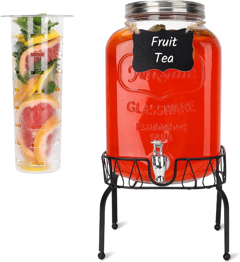Waymind 2 Gallon Glass Drink Dispensers, 1 Pack Clear Beverage Dispenser with Stand and Spigot for Parties, Drink Dispenser with Ice Core and Sticker for BBQ, Picnic, Lemonade Dispenser - Image 1